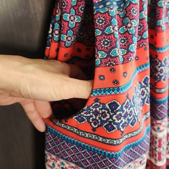 Boho V-Neck Plunge Summer Dress Kimono Sleeve Pockets Multi-Color Print - Picture 4 of 14